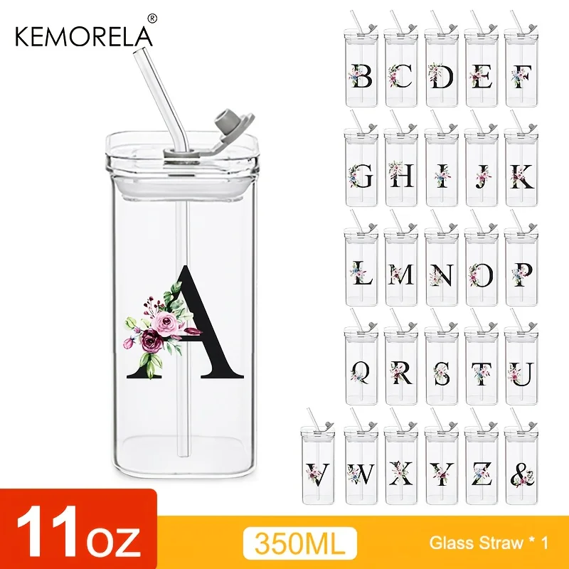 

1 шт., 24 стеклянных стакана в форме буквы с крышкой и соломинкой, стакан для кофе, 300 мл, прозрачный квадратный стакан для питья для кофе, пива, молока