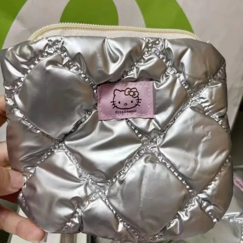 

Hello Kitty Coin Purse New Kawaii Exquisite Fashion Silver Embroidered Handbag Cute Portable Grid Travel Storage Bag