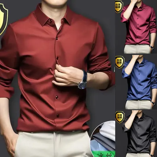 Vestido camisero de manga larga para hombre 6XL, seda helada, talla grande, informal, de negocios, de alta calidad, transpirable, ajustado, color sólido