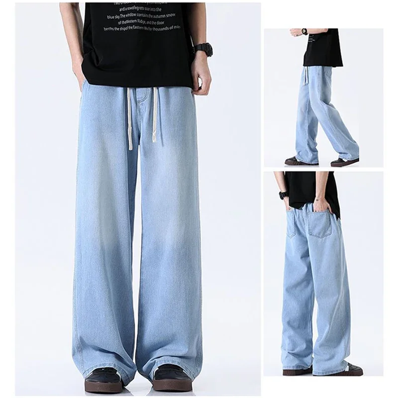 Jean classique décontracté pour homme, pantalon en Denim, ample, droit, coupe cintrée, taille élastique, gris fumé, bleu clair, hiver