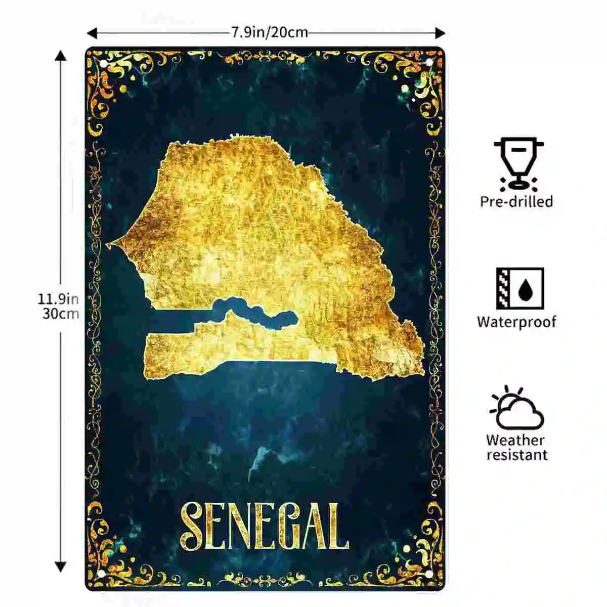 2D FLAT 1pc Gold Senegal Map Metal Wall Sign Decoration for Home Cafe Garage Bedroom Porch And Garden