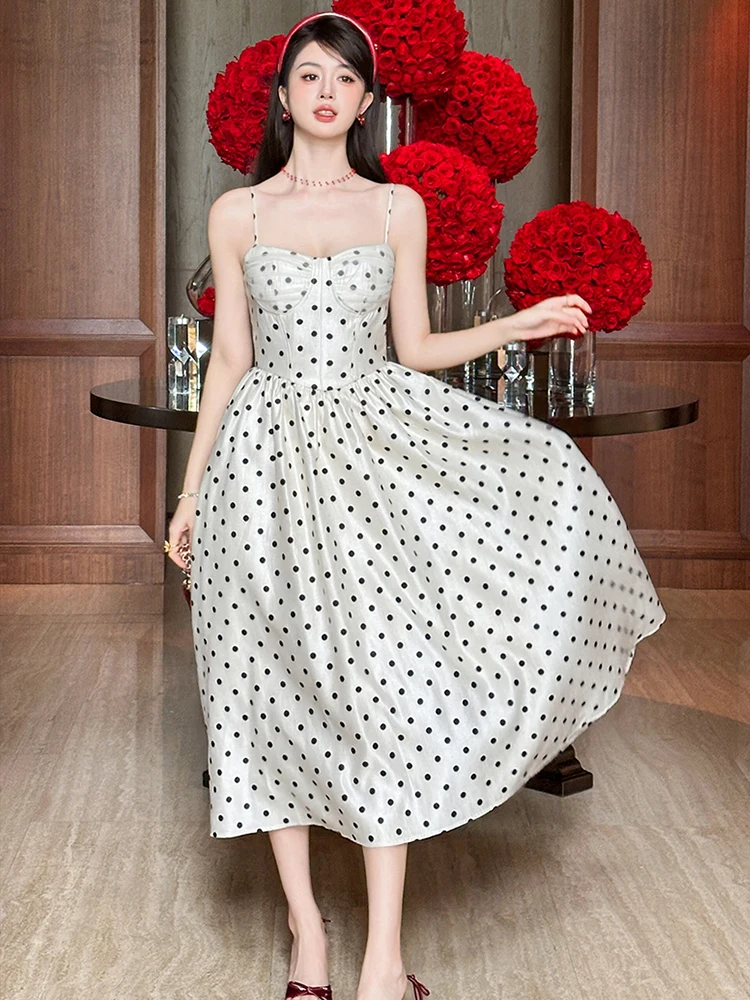 Abito da sera dolce ed elegante per le donne Celebrity Polka Dot Strap Swing Robe Party Prom Abiti Mujer Nightclub Abito a pieghe Lady