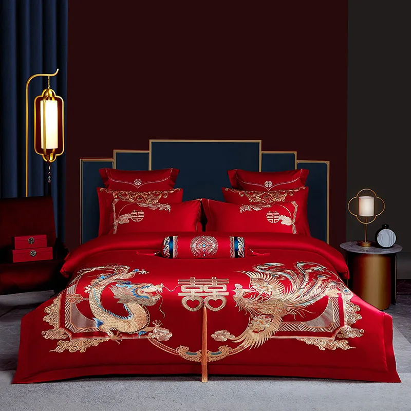 

Gold Dragon Phoenix Embroidery Red Chinese Wedding Tassels Egyptian Cotton Bedding Set Duvet Cover Bed Sheet Linen Pillowcase