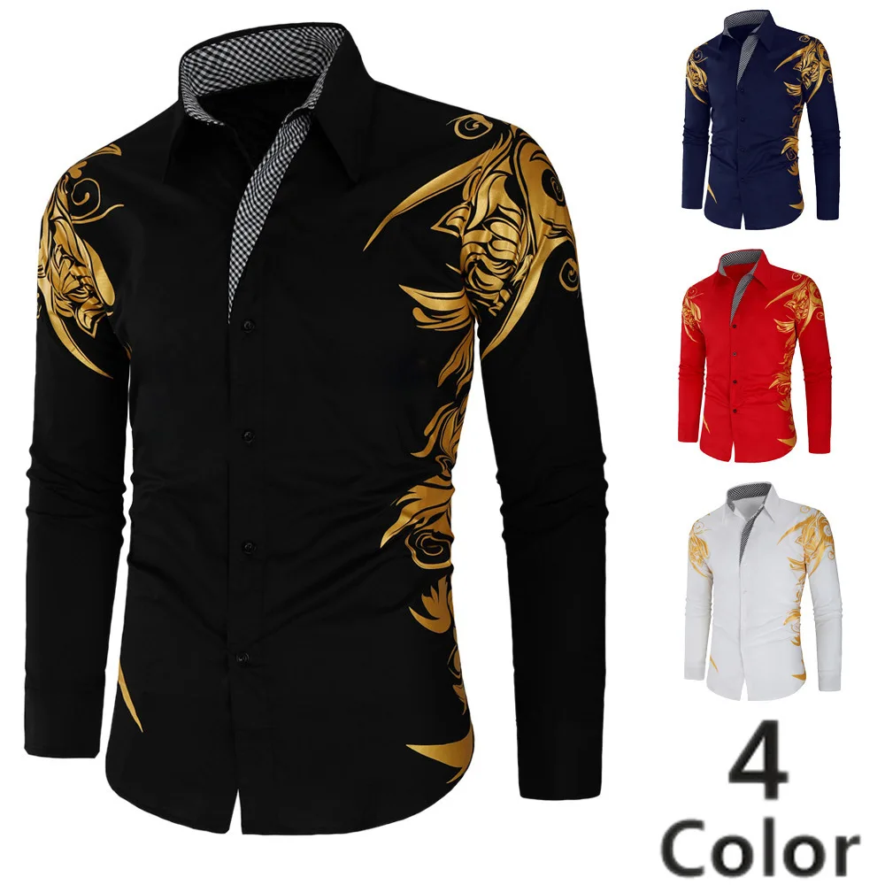 Shiny Gold Foil Print Long Sleeve Shirt Dance Performance Bright Muscle Man Tattoo Color Block Large Size Shirt Standard Fit