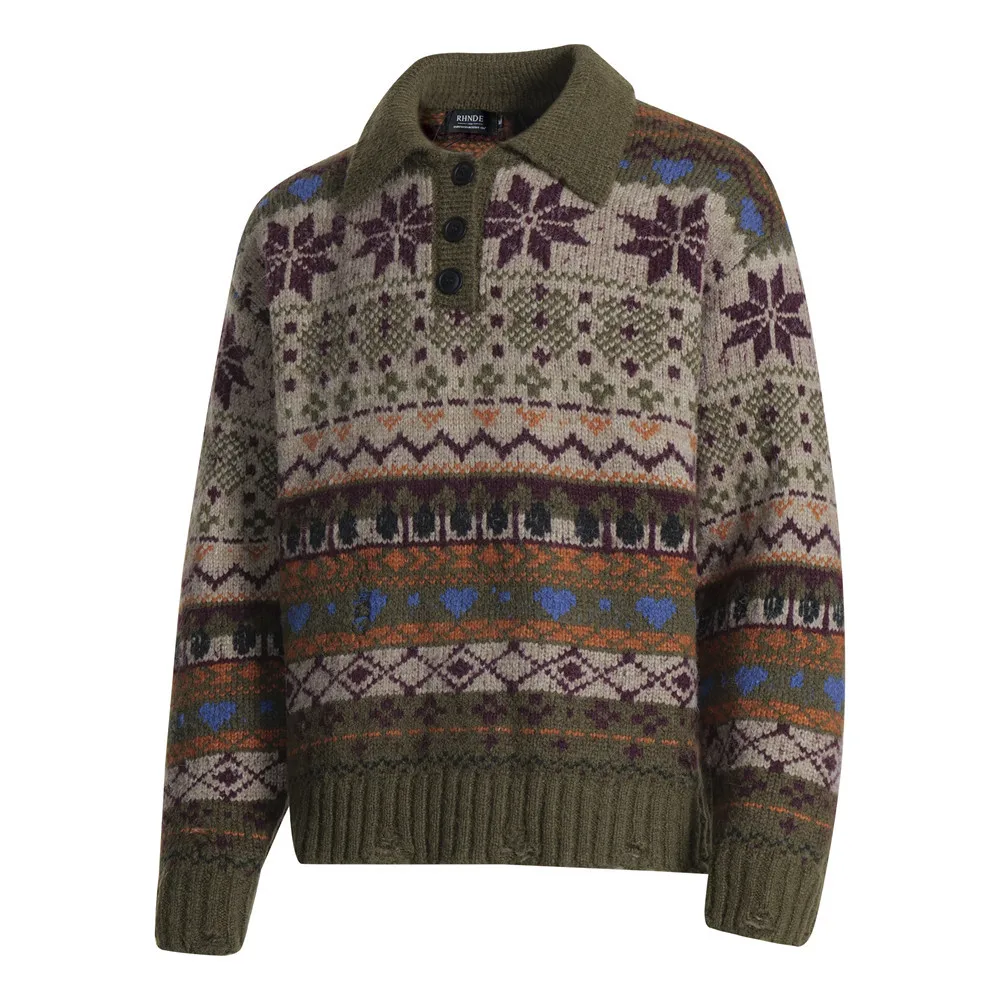 

Fashionable ethnic style jacquard lapel sweater men's autumn and winter polo collar sweater trend lazy fake two-piece sweater