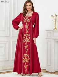 Siskakia Muslim Abayas For Woman A-Line Embroidered Belted Kaftan Lantern Sleeve Long Dresses Dubai Morocan Islamic Kaftan 2024