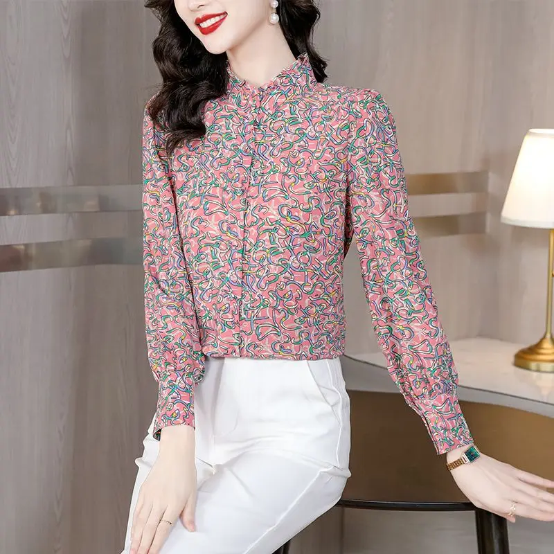 Fashion Elegant Printing Single-breasted Blouse Women New Classic Long Sleeve Office Stand Collar Korean All-match Shirt