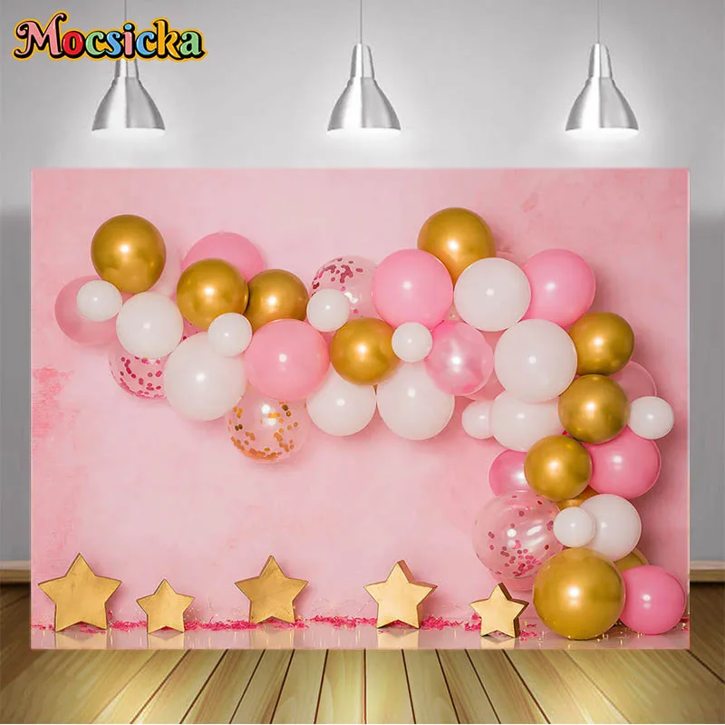 

Bohemian Backdrop Balloons Pink Decoration Gold Stars Cake Smash Party Props Kids Birthday Banner Kids Portrait Photo Background