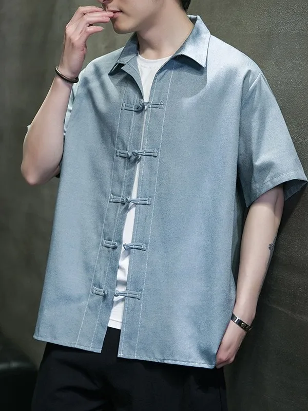 Loose Fit Youthful Denim Short Sleeve Shirt Thin Summer Chinese Style Jacket Large Size Casual Outerwear for Men