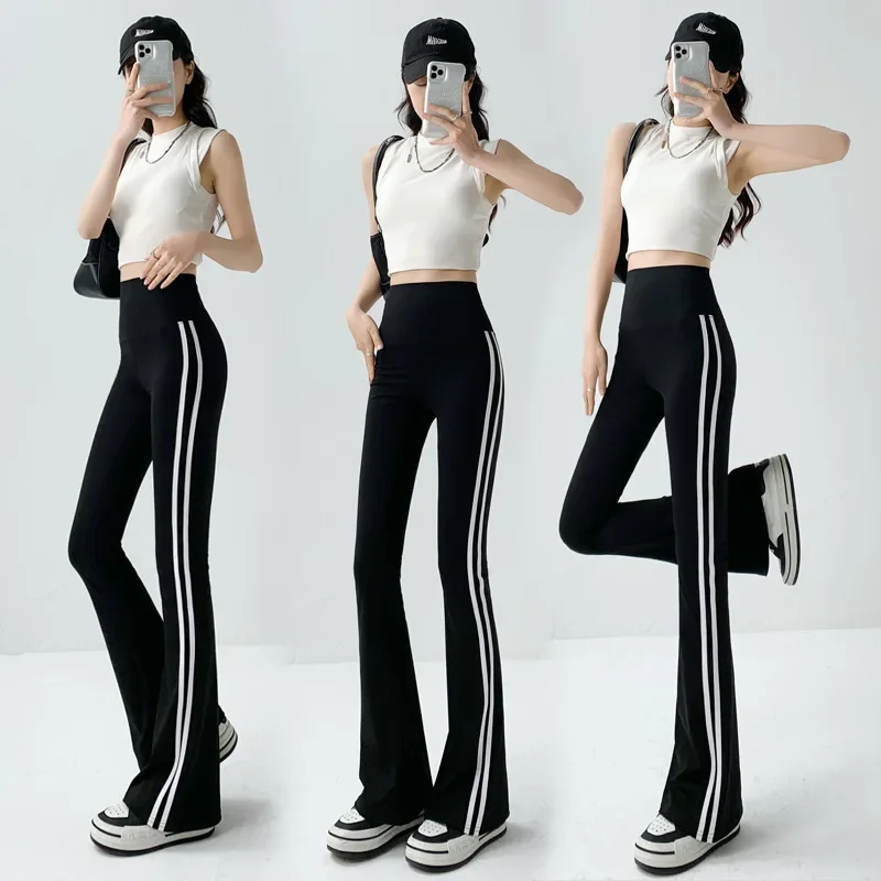 

Striped Black Micro Flared Shark Pants Women High Waist Slim Sport Pocket Flared Leggings Spring Autumn Pants