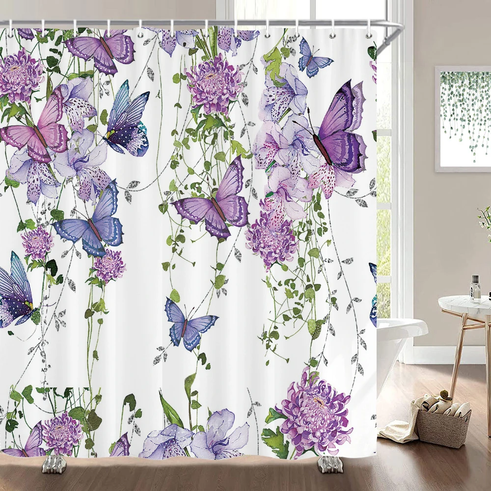 

1 pack of Watercolor Flower pattern polyester shower curtain bathroom partition curtain with hooks home decorative curtain