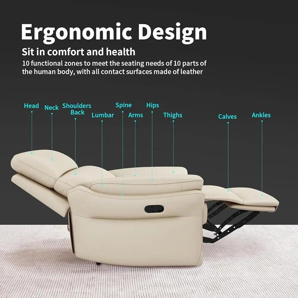 Genuine Leather Recliner Chair High Back Lumbar Support Ergonomic Comfort Manual Adjustment Living Room