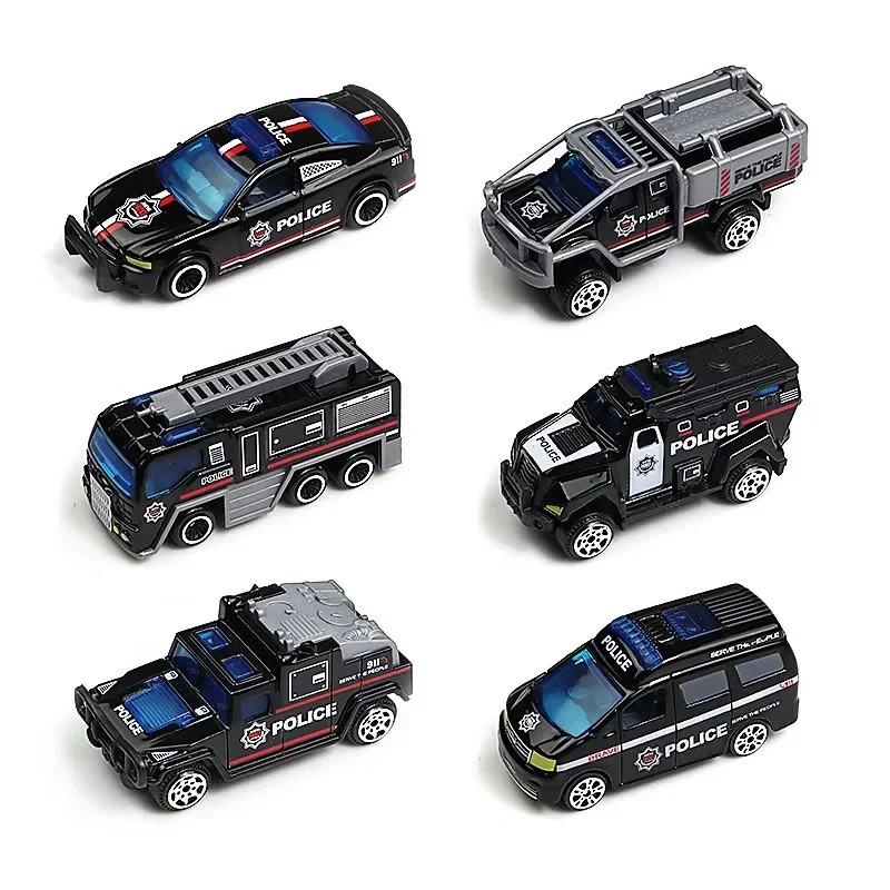 6 PCS Set Diecast 1:64 Alloy Car Model Toys Inertia Sliding Engineering Fire Truck Pickup Off-road Police Racing Car Kids Toys