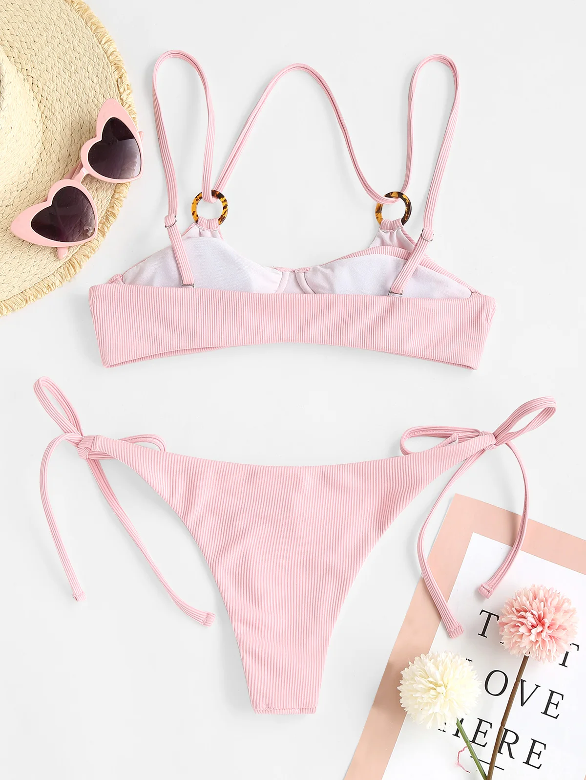 ZAFUL Ribbed Double Layered O Ring String Bikini Swimwear