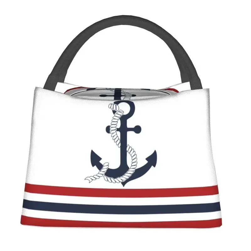 Nautical Blue Anchors With Stripes Insulated Lunch Bag for Work Office Sailing Sailor Portable Thermal Cooler Lunch Box Women