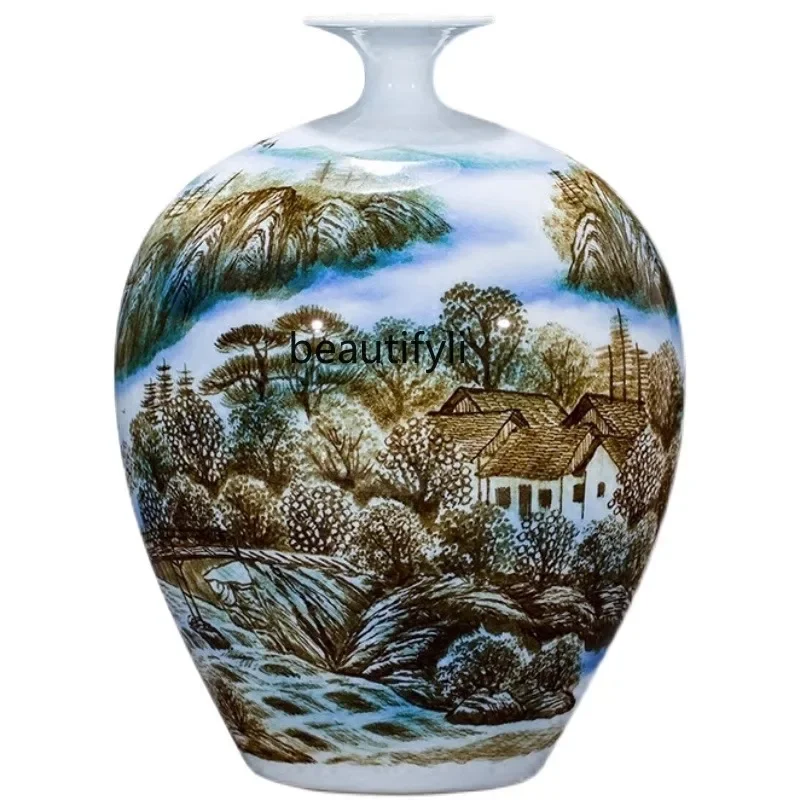 

V Ceramic Vase Artificial Hand-Painted Living Room Curio Shelves Decoration Chinese Pastel Landscape Painting
