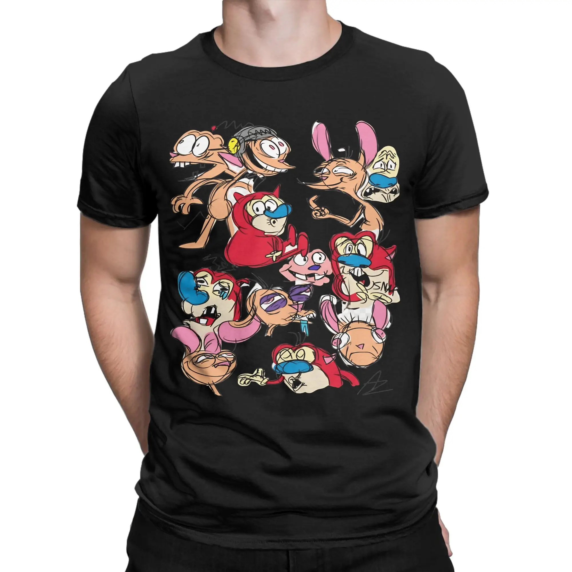Edgy Animal Characters Show Graphic Funny 100% Cotton T-Shirt R-Ren & Stimpy Tops Tees For Men