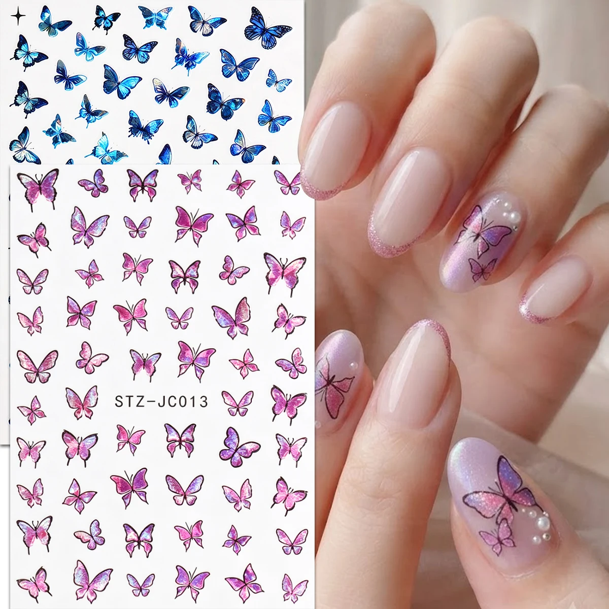 2pcs Holographic Butterfly Nail Art Decals Laser Pink Blue Gradient Charms Manicure Supply Festival Party Decor