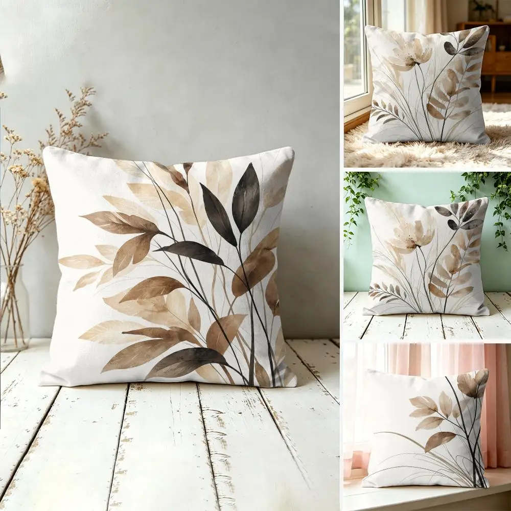 Neutral Botanical Watercolor Cushion Cover Silky Short Plush Invisible Zipper Dustproof Sofa Pillow Case For Home Decor