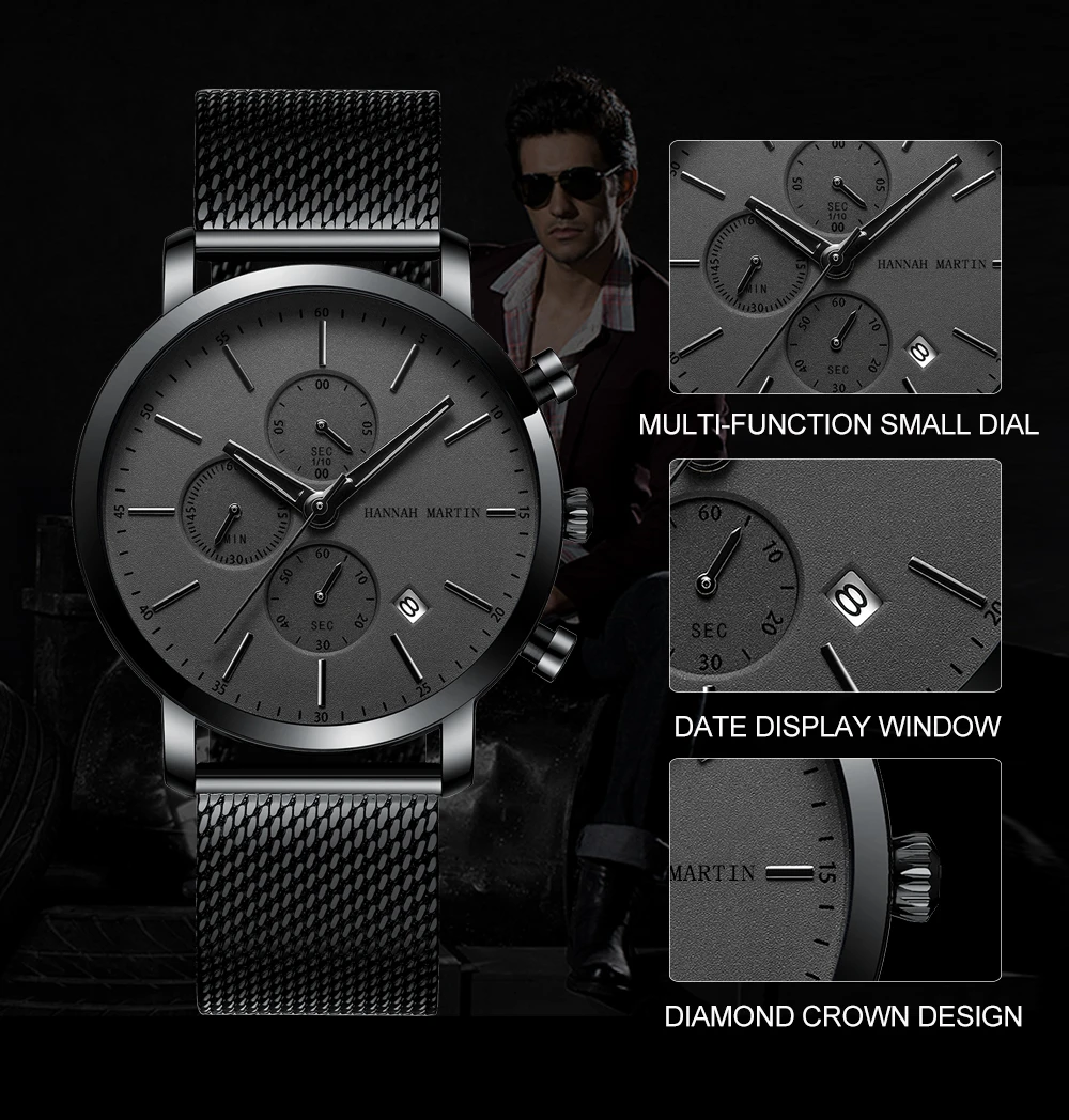 Hannah Martin Multifunctional Sports Men Sports Watch Black Dial Stainless Steel Waterproof Calendar Quartz Men's Clock Watches