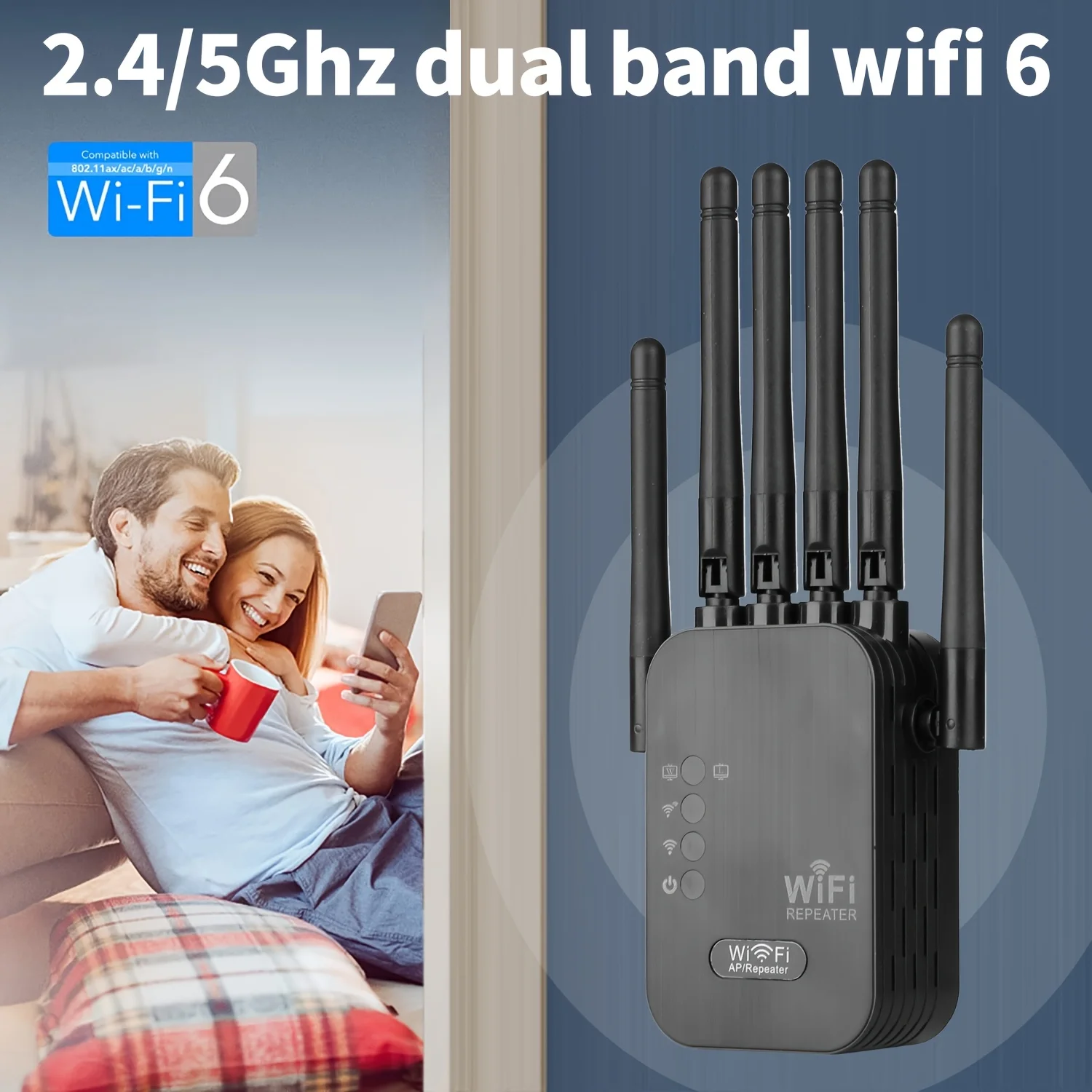 Dual Band Gigabit Ethernet Ports, WiFi 6 Extender, Works with Any Router, Universal Compatibility, 6 Antennas for 50+ Devices