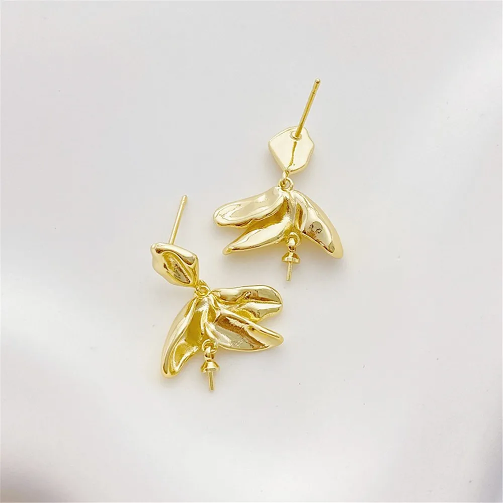 14K Gold-filled Leaves Beaded Holders Studs Silver Pins Handmade DIY Sticky Pearl Earrings Material Accessories E067