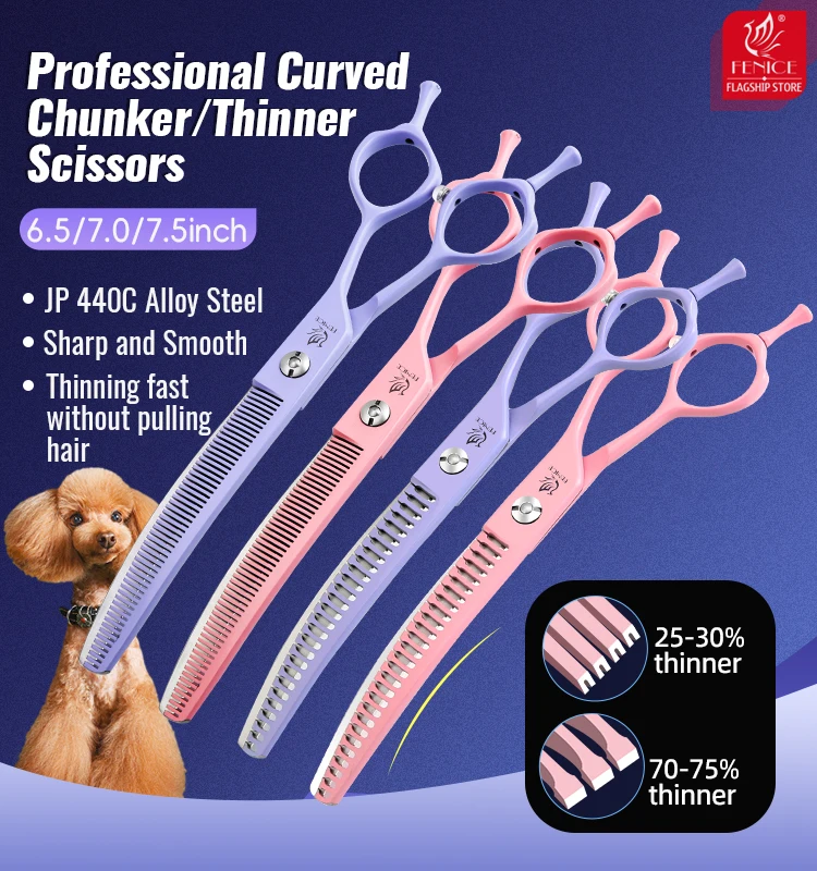 Fenice Dog Beauty Scissors Colorful 6.5/7/7.5 inch JP440C Professional Dog Grooming Scissors Curved Thinner Chunker Shears Tools