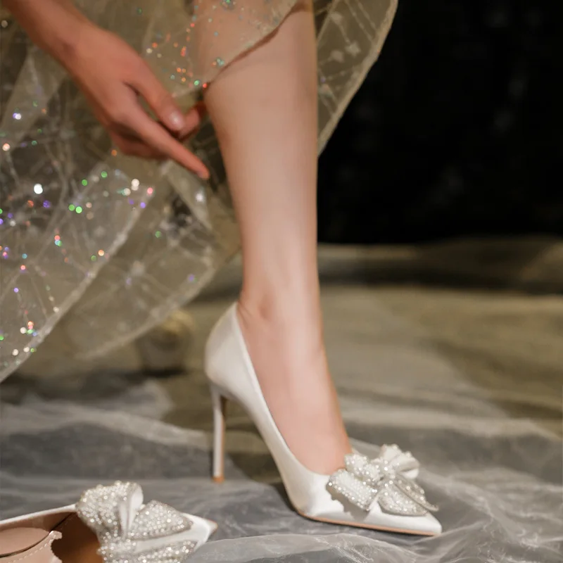 Large Size 32-43 White Wedding Shoes Women Thin Heel Pointed Satin Pearls Bow Bridesmaid High Heels Dress Shoes - view 4