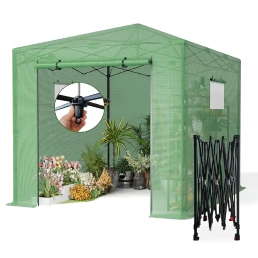 Outdoor portable walk-in greenhouse with PE cover, green color, pop-up feet design, roll-up zipper door, easy setup for garden
