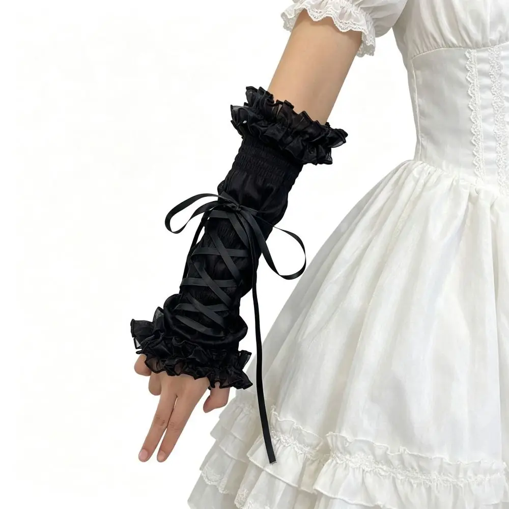 Elegant Ruffled Lace Women's Arm Warmers Yarn Knitted Bow Sleeve Cove Lace Arm Sleeves Ribbon Tie Fake Sleeves For Women Girls