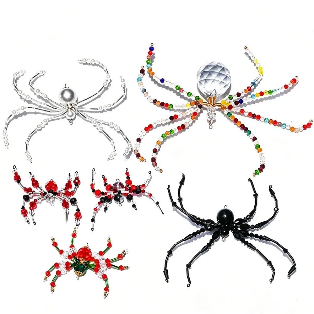 Beaded Spider Hanging Ornament Hanging Loop Crystal-Like Faceted Beads Halloween Spider Decoration Black Red Style