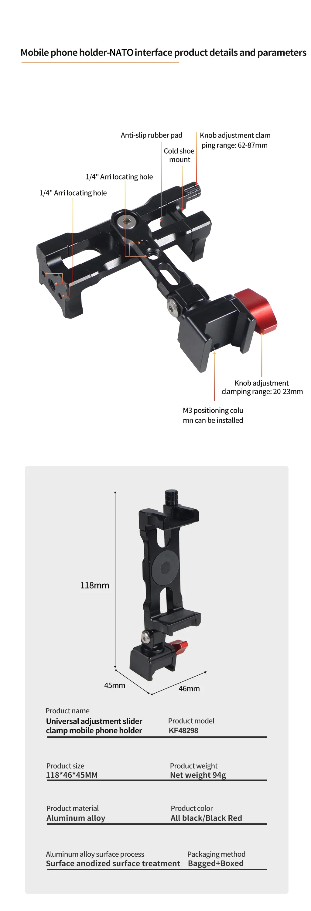 Mobiler Halter Schienenklemme 1/4" Schraube Kaltschuhhalterung für DJI RS2 RS3 RS4 Telefonstabilisator Smartphone DSLR Kamera Stativhalterung – Detail 6