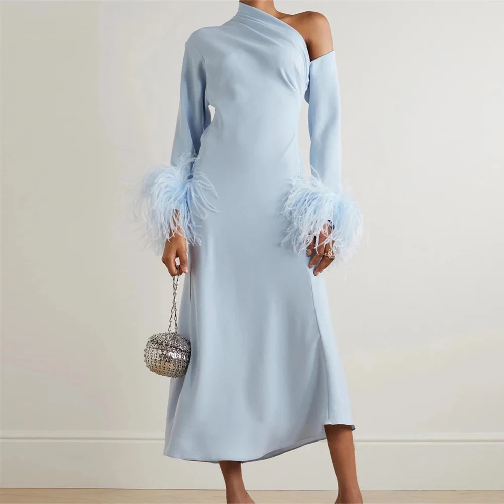 

Yipeisha Fashion Simple Sky Blue Jersey Party Gowns One-Shoulder Pleat With Feather Side Split Ankle Length Formal Evening Dress