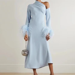 Yipeisha Fashion Simple Sky Blue Jersey Party Gowns One-Shoulder Pleat With Feather Side Split Ankle Length Formal Evening Dress