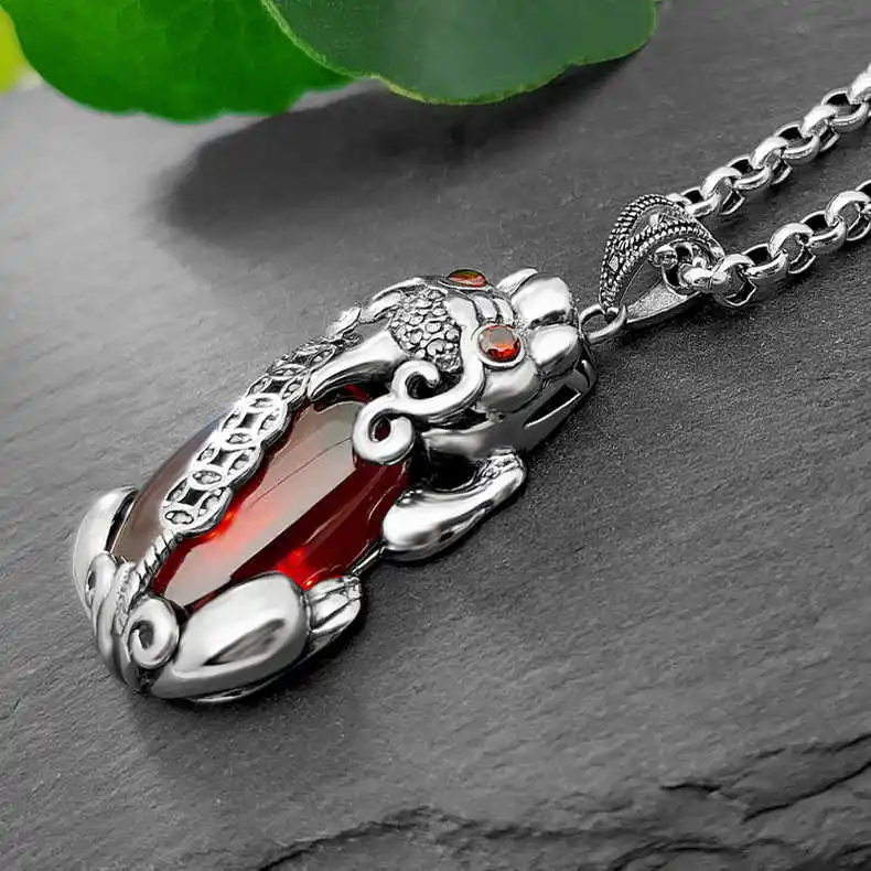 S925 Silver Solid Pixiu Pendant Red Garnet Buddhist Amulet