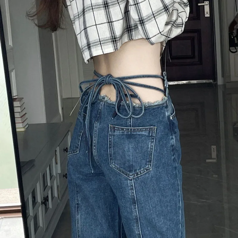 

High Waist Straight Leg Jeans Women's Summer New Spice Girl Lace-up Design Niche Slim Look Wide Leg Pants