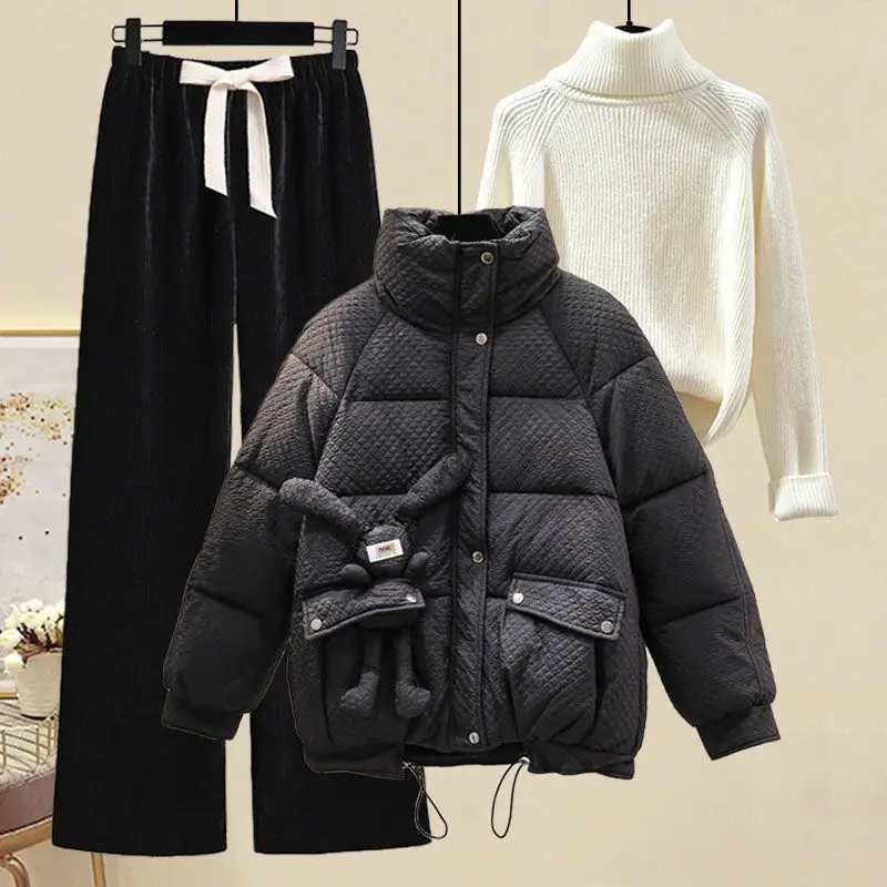 Winter Set Women\'s Korean Edition Wearing Cute Little Rabbit Pink Cotton Coat Wide Leg Pants Sweater Three Piece Set pant sets