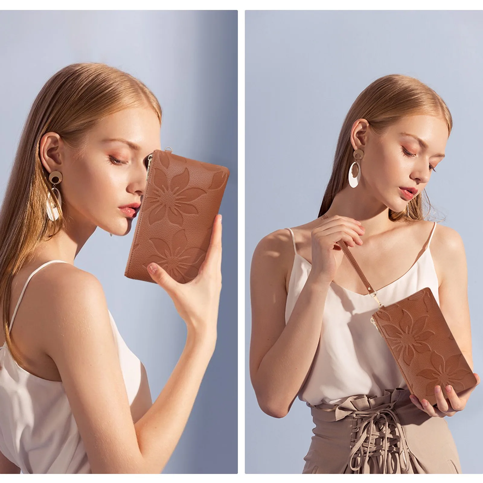 Zency Fashion Floral Wallets Women Split Leather Clutch High Quality Card Case Slots Coin Long Zipper Purse Back Zip Pockets