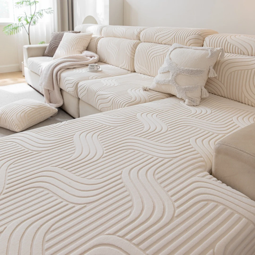 Geometric Curving Lines Jacquard Thicken Polar Fleece Sofa Cover, Stretchy Slipcover, Elastic Couch Seat Cover for Living Room