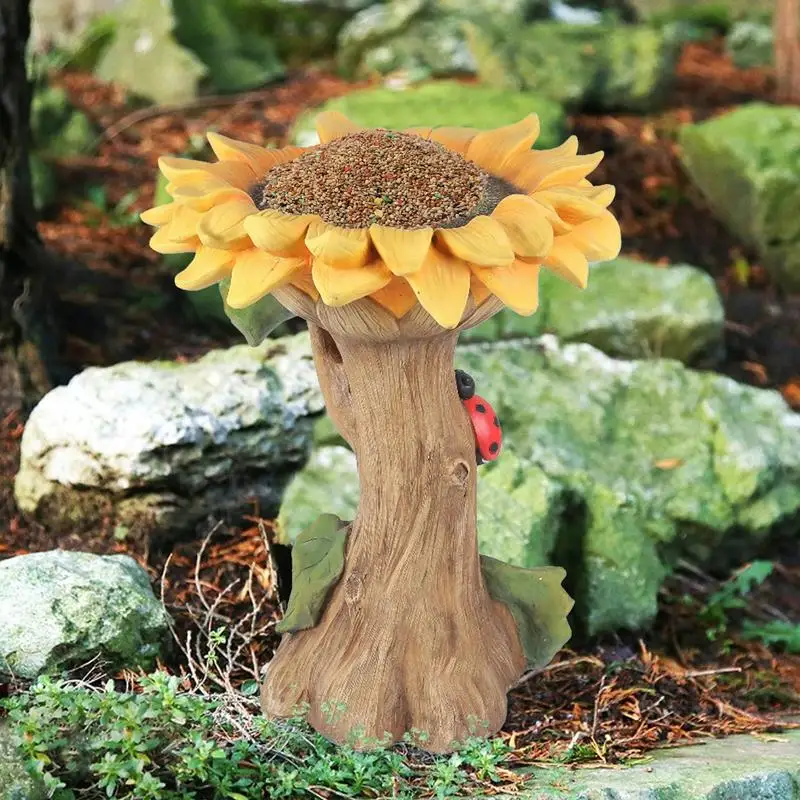 Sunflower Polyresin Birdbath Sunflower Birdbath Bowl With Green Leaves Pedestal Outdoor Bird Feeding Tray For Garden Patio Lawn