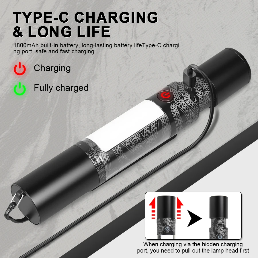 Super Bright 2000LM LED Flashlight USB Rechargeable Hook COB Camping Lamp The Tail Detached Self-defense Safety Hammer Torch