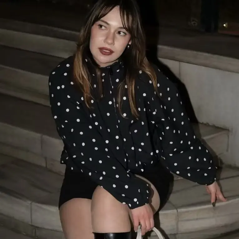 Loose Polka Dot Print Long Sleeve Coat for Women Casual Style Commute Wind Resistant Stand Collar Ball Jacket Polyester Fiber