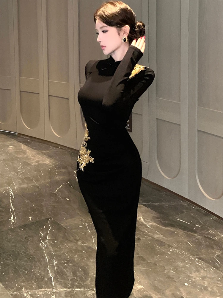 خريف شتاء أسود شيك الترتر طباعة فستان طويل 2025 الكورية خمر هيبورن مساء فستان المرأة أنيقة Bodycon مهرجان فستان #2