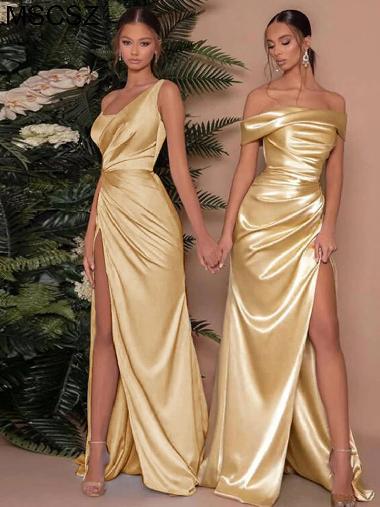 Elegant Gold Satin Maxi Party Dresses Women One Shoulder Backless Pleated Long Dress With Slit Luxury Formal Evening Dress