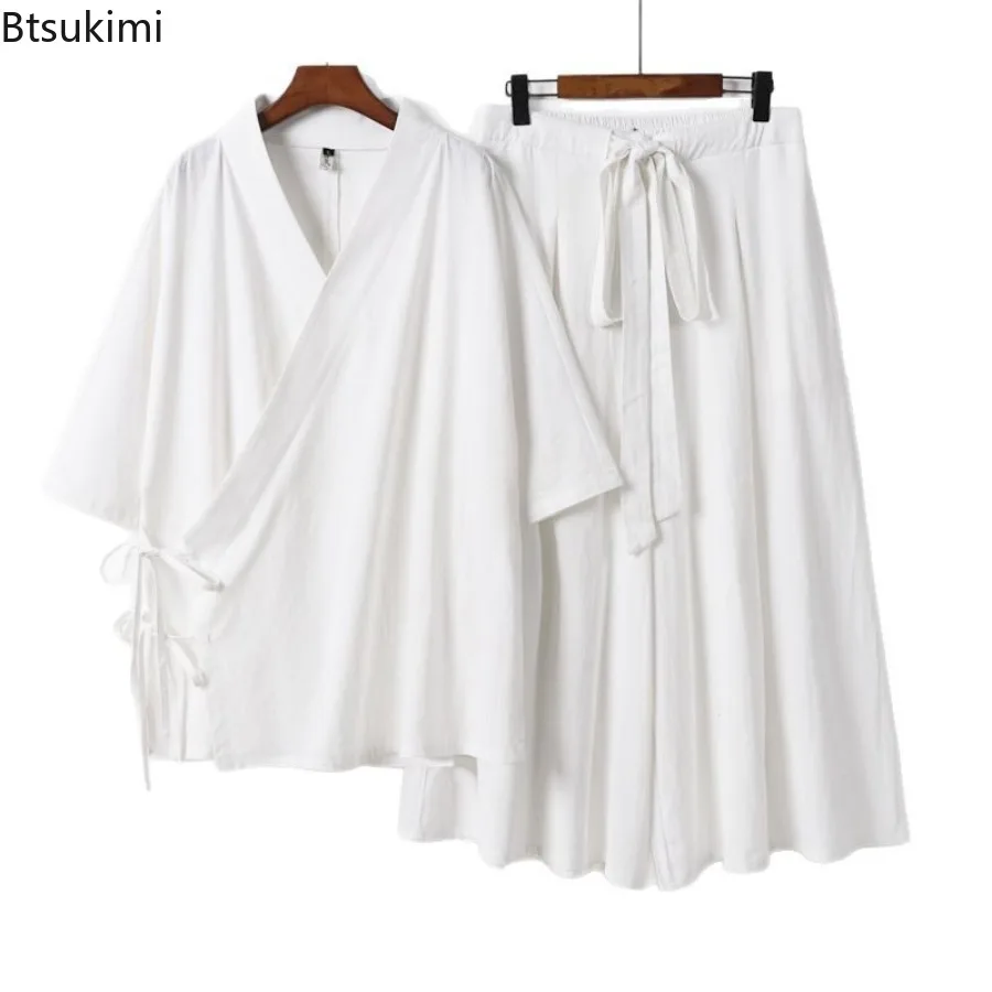 2025 Chinese Style Men's Linen Suit Tang Style Zen Style Hanfu Taoist Long Robe Top Pants Cotton and Linen Loose Two-piece Set