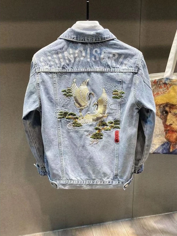 

With Embroidery Denim Jackets Man of Fabric Cheap Price Stylish Elatic Rock Japanese Retro Menswear Slim Fit Cowboy Coat for Men
