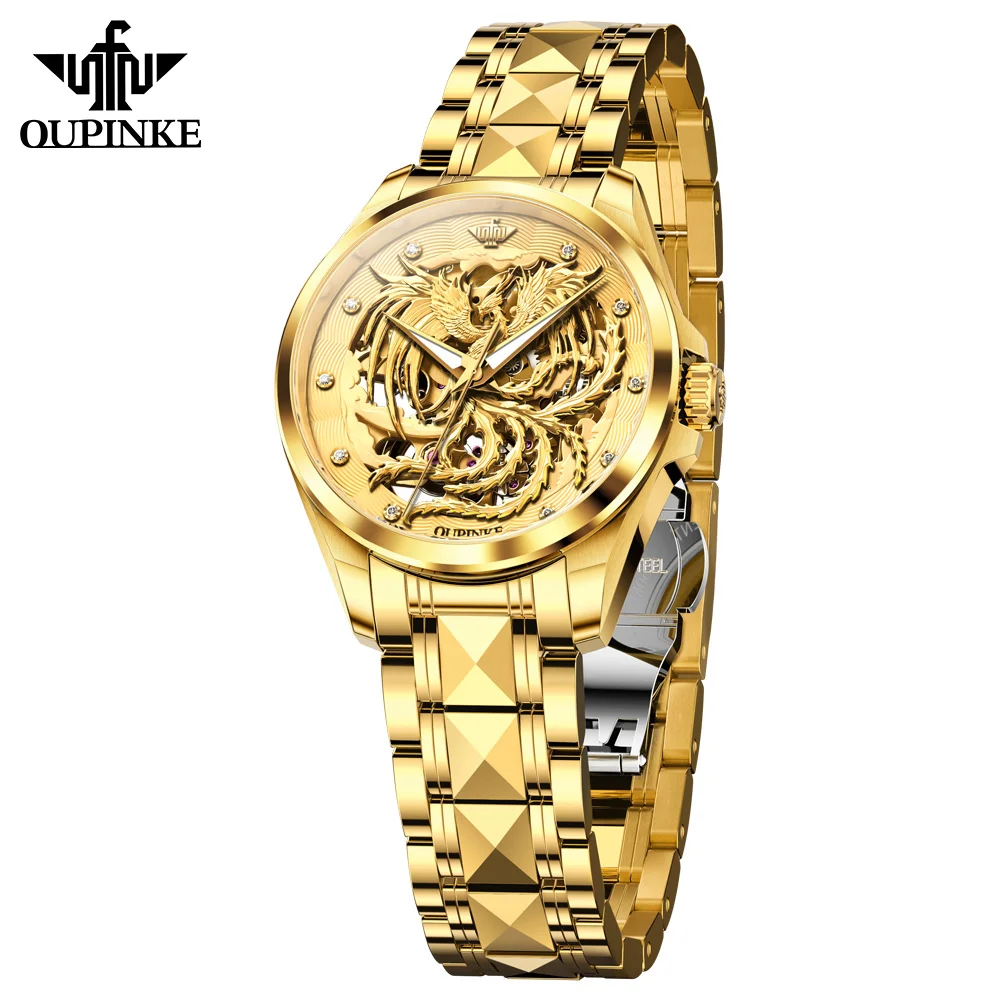 OUPINKE Automatic Mechanical Watch for Women Luxury Hollow Phoenix Dial High-end Elegant Ladies Bracelet Watches Sets Gifts 3276