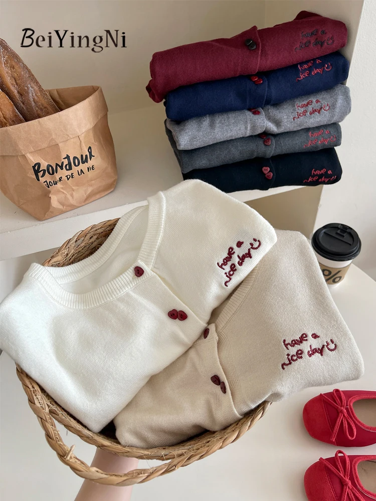 

Beiyingni Korean Fall Winter Women's Cardigans Vintage Heart Embroidery Cashmere Sweater Woman Fashion 2025 Casual Jackets Coats