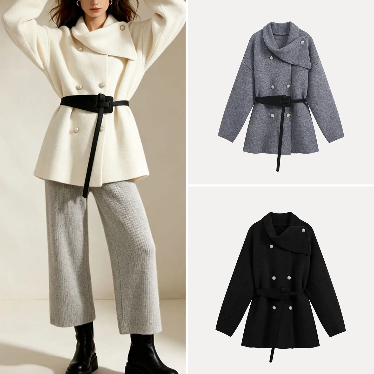 Women's Knitted Long Sleeve Coat Autumn Fashion Multi-Color Irregular Collar Belted Casual Loose Fit Mid-Length Coat