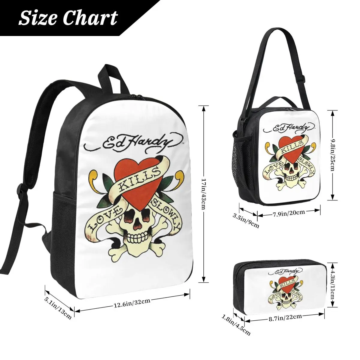 Ed Hardy Love Kills Slowly Backpack Boys Girls BookBag School Bag Computer Shoulder Bags 3ps Insulated Lunch Bag Pencil Case